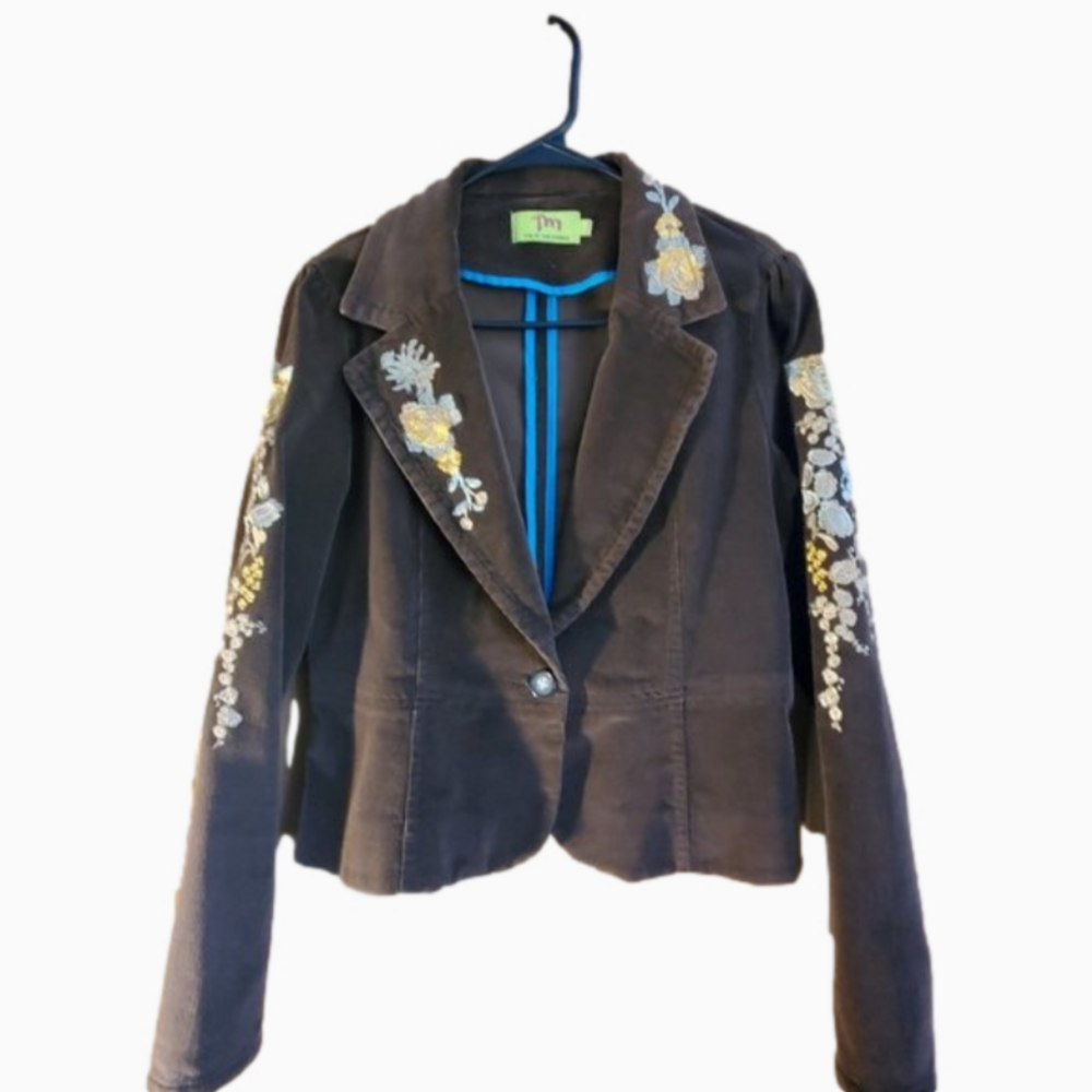 Jacket Lightweight Brown Corduroy with Floral Embroidery Women's Size Large EUC